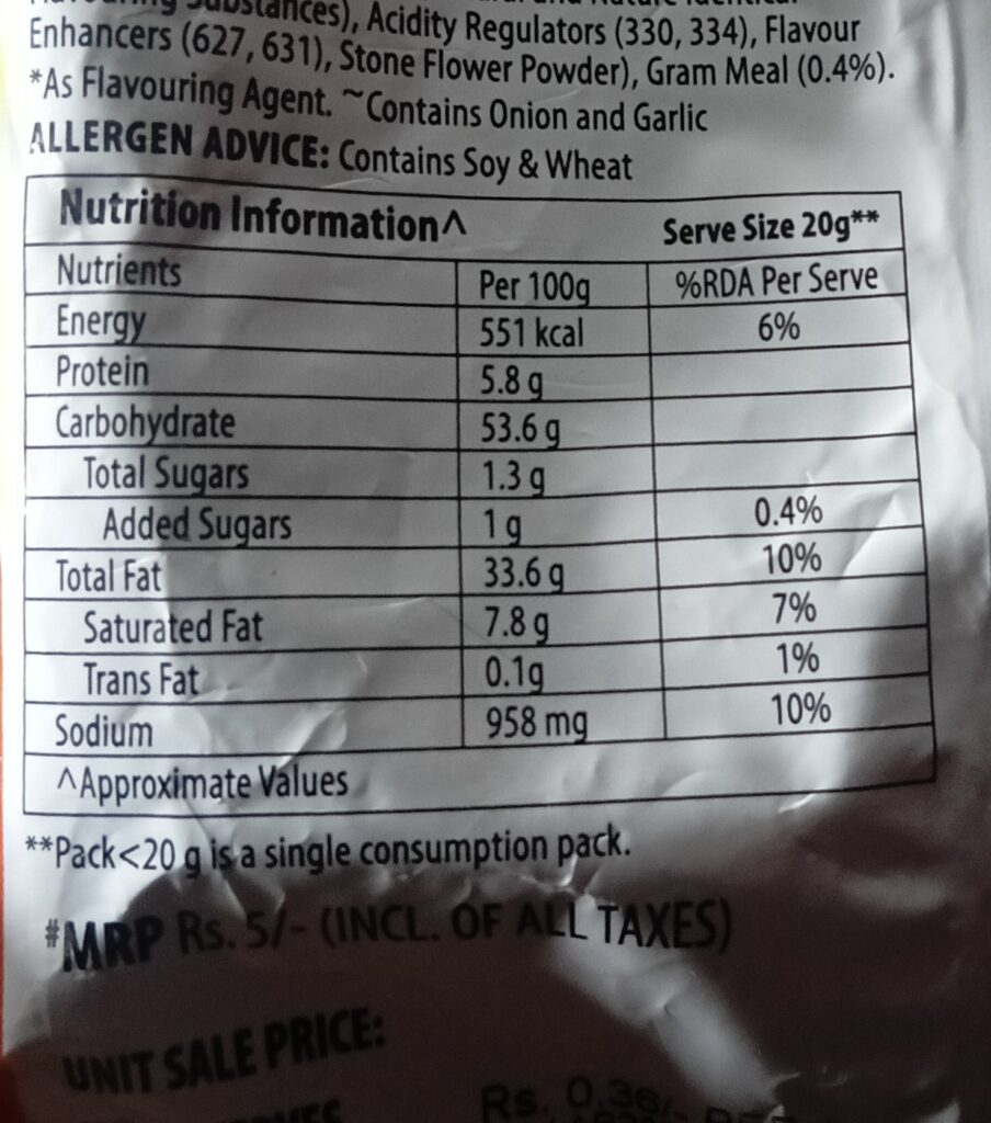 Kurkure Masala Munch ingredients and nutrition facts label back side