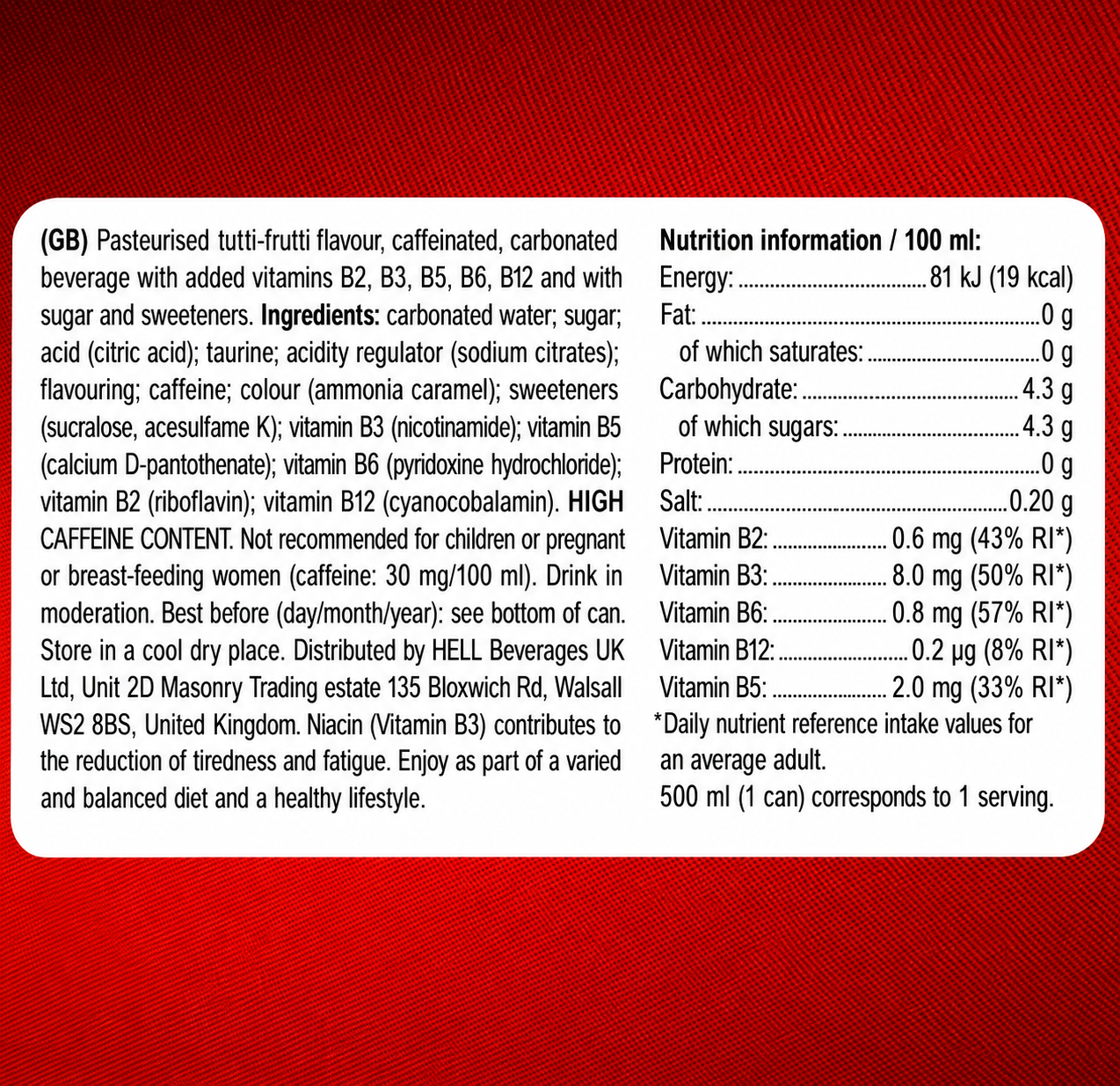 HELL Energy Drink ingredients label with caffeine and vitamin information